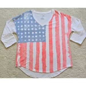 SONOMA Womens American Flag V Neck 3/4 Sleeve Tee Shirt Size Large Patriotic